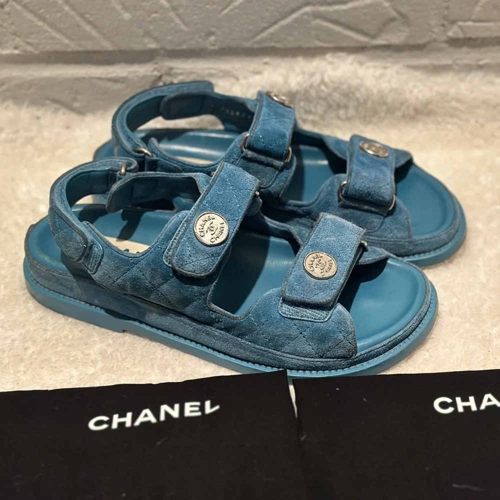 Chanel C2021 Blue Suede Dad Sandals Size 36